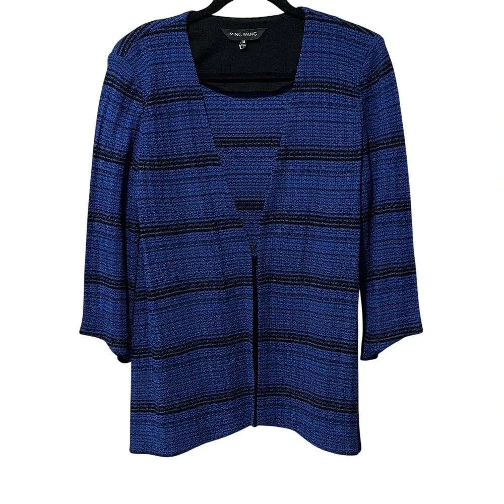 MING WANG Jacket‎ Women's Medium Blue Striped Knit Top Hook Closure Asymmetrical